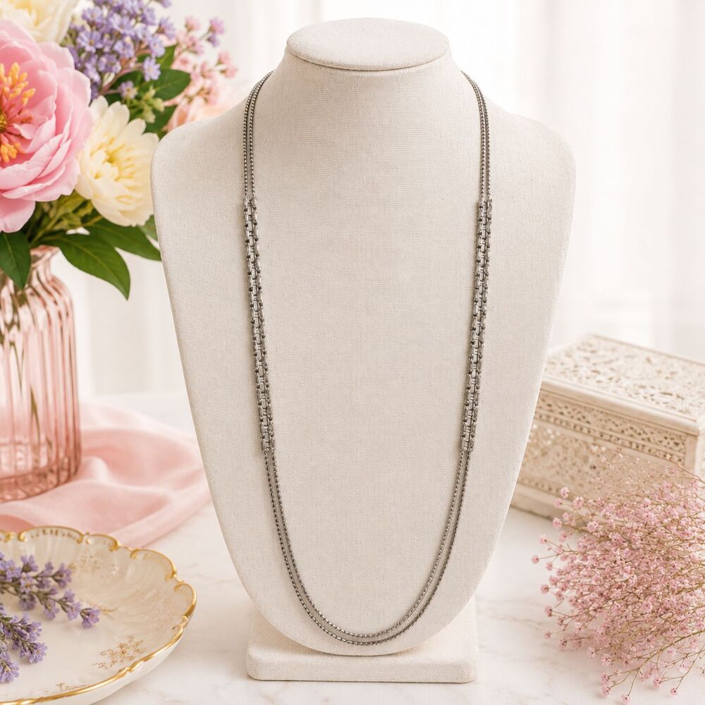 Vintage Mid Century Silver Tone 50" Station Chain Necklace Textured Links